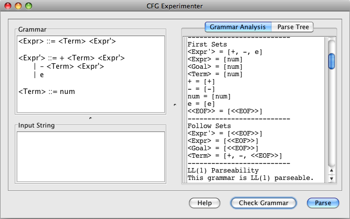 Screenshot of CFG Experimenter's Grammar Analysis