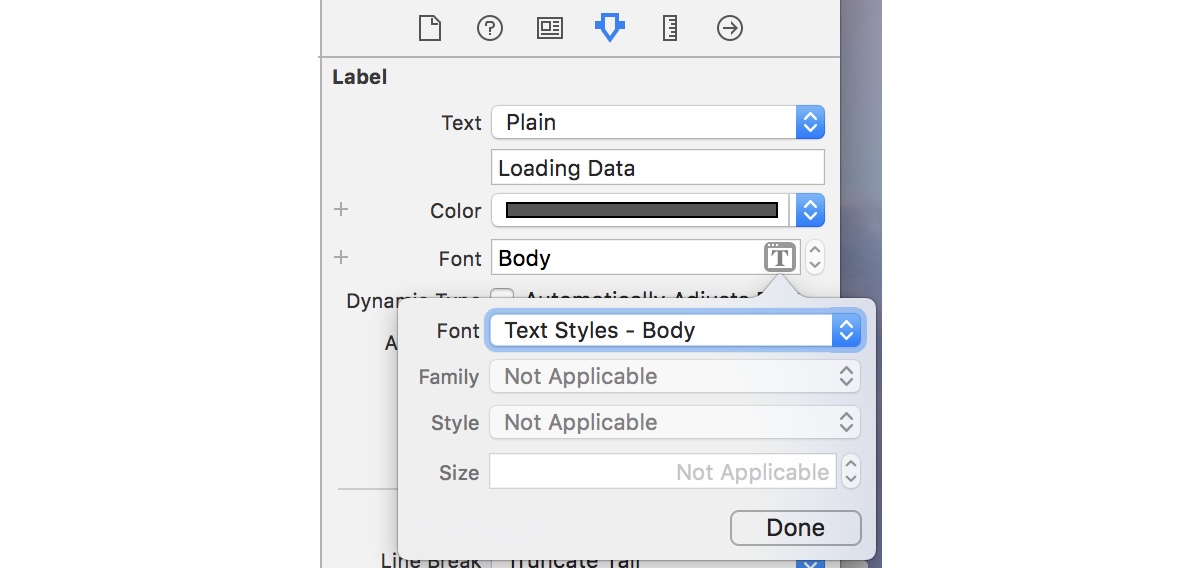 Choosing a named font style with the Attributes Inspector in Interface Builder